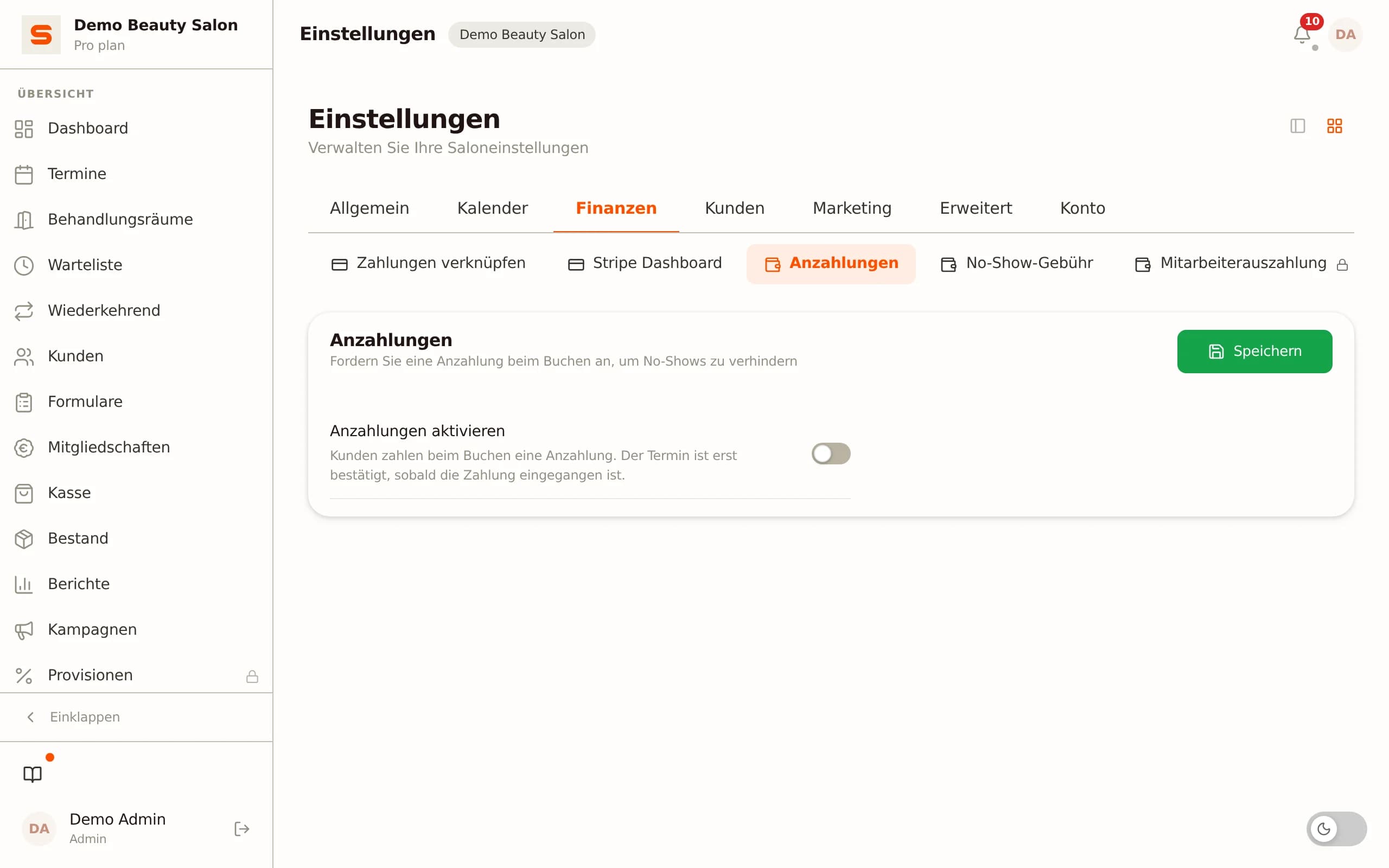 Anzahlung pro Kundensegment in Salonnare einstellen
