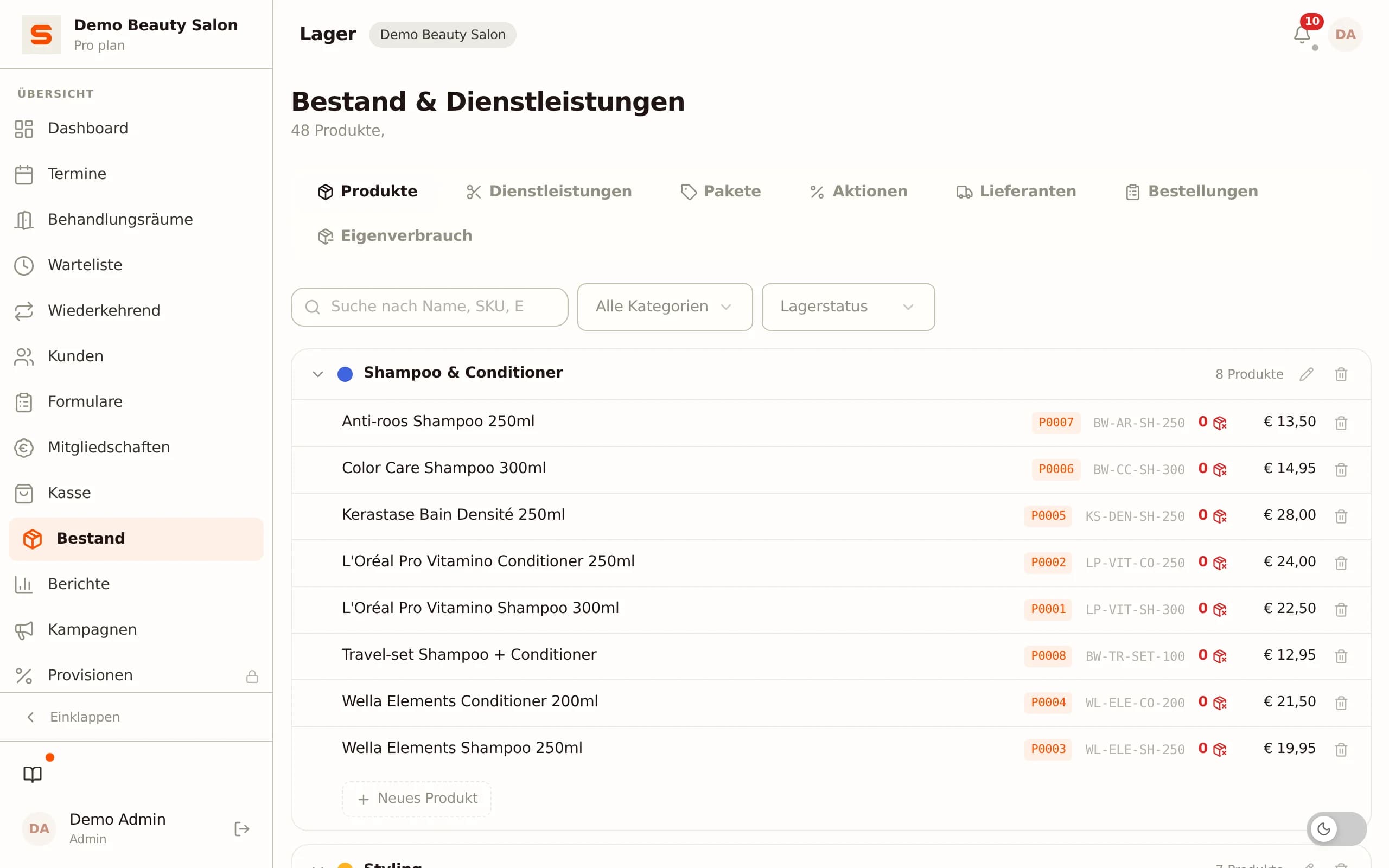 Lagerverwaltung für Salonprodukte