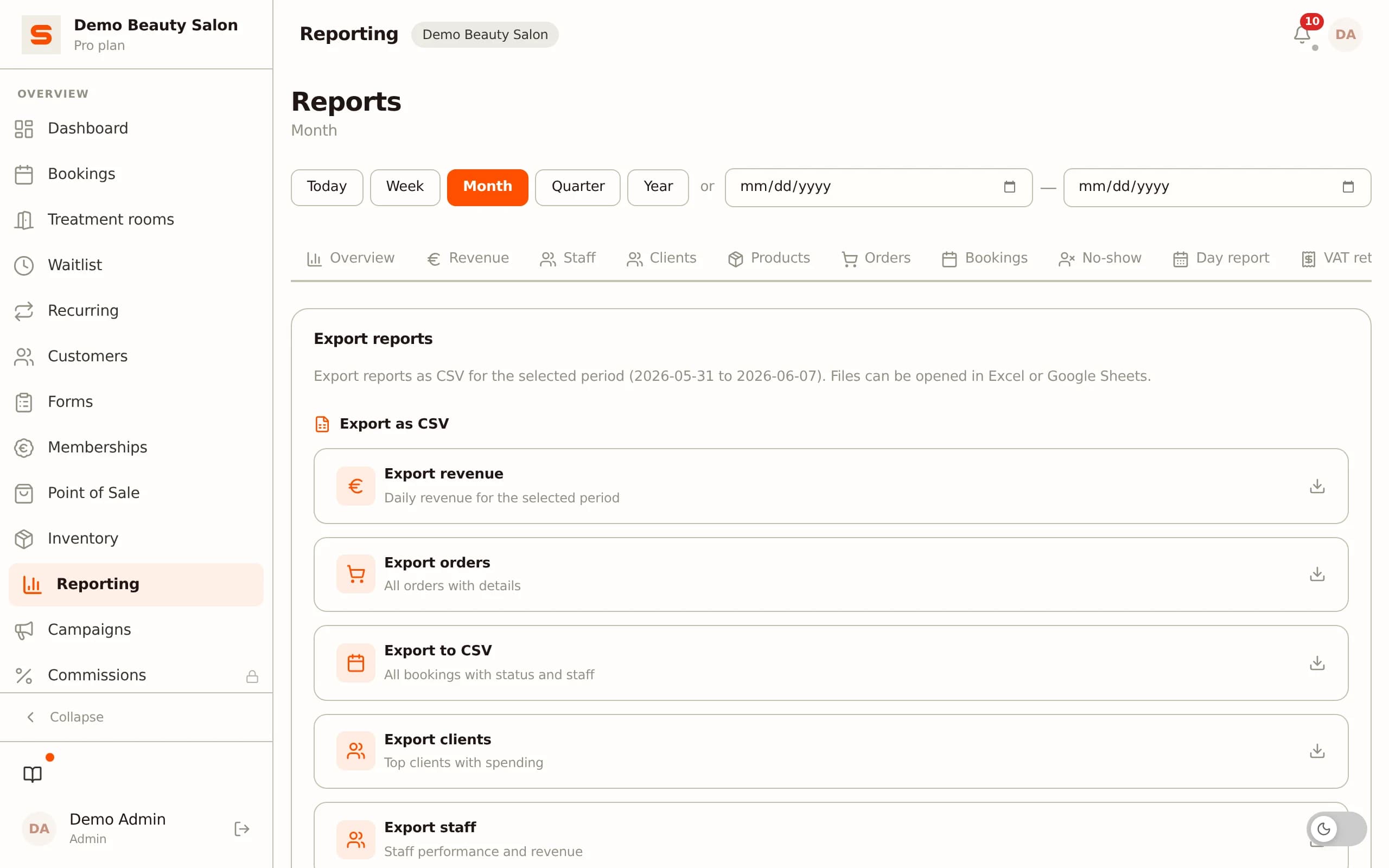Accounting export and VAT reporting in Salonnare