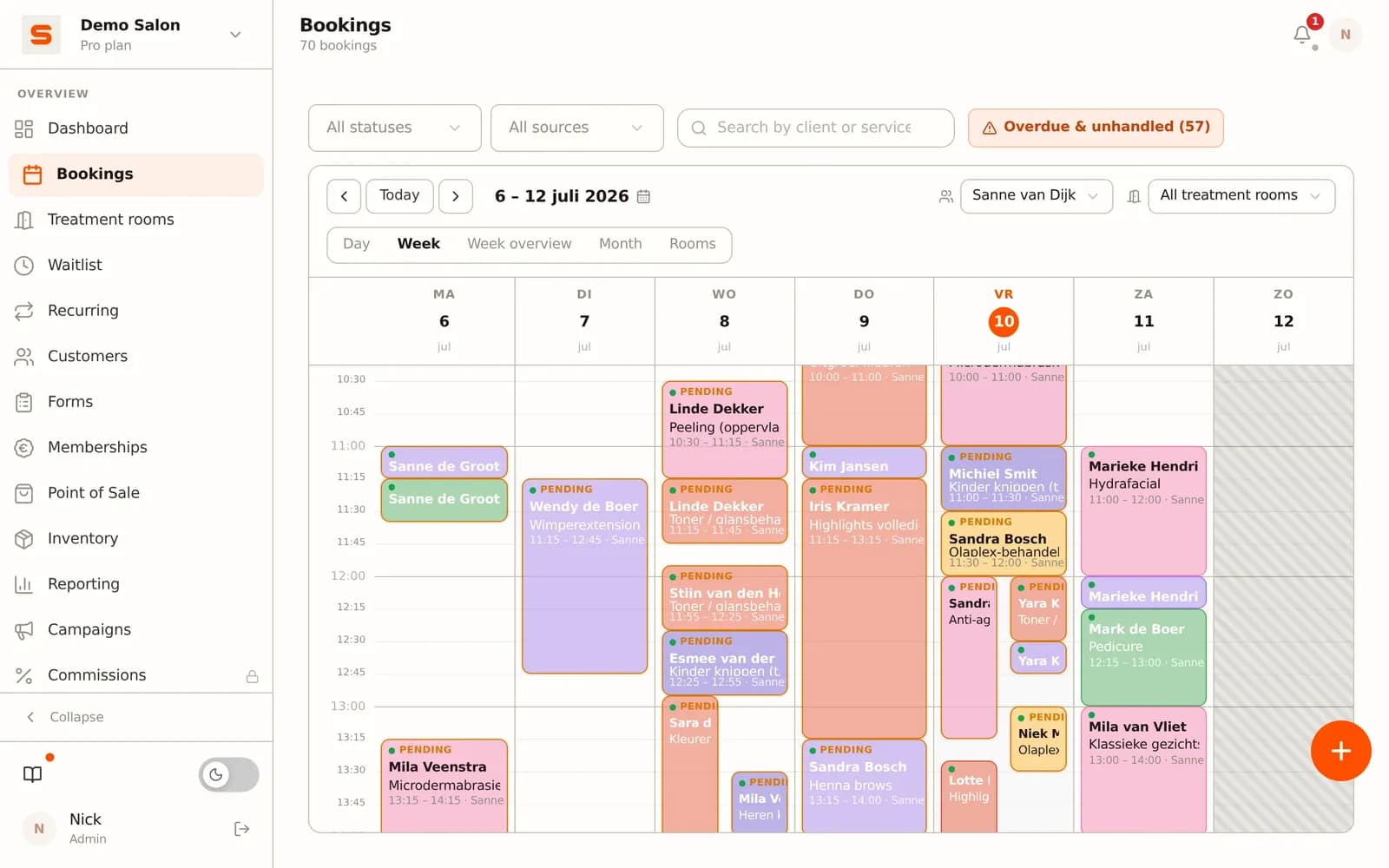 Weekly diary with appointments per staff member in Salonnare