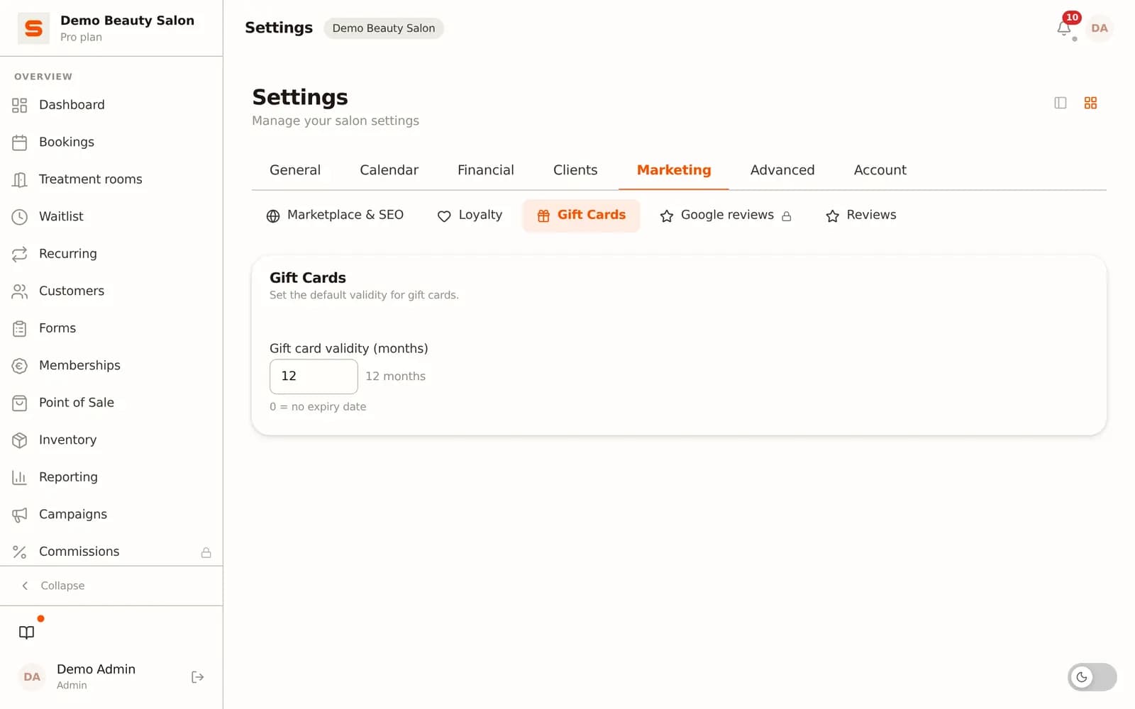 Setting up gift cards in Salonnare