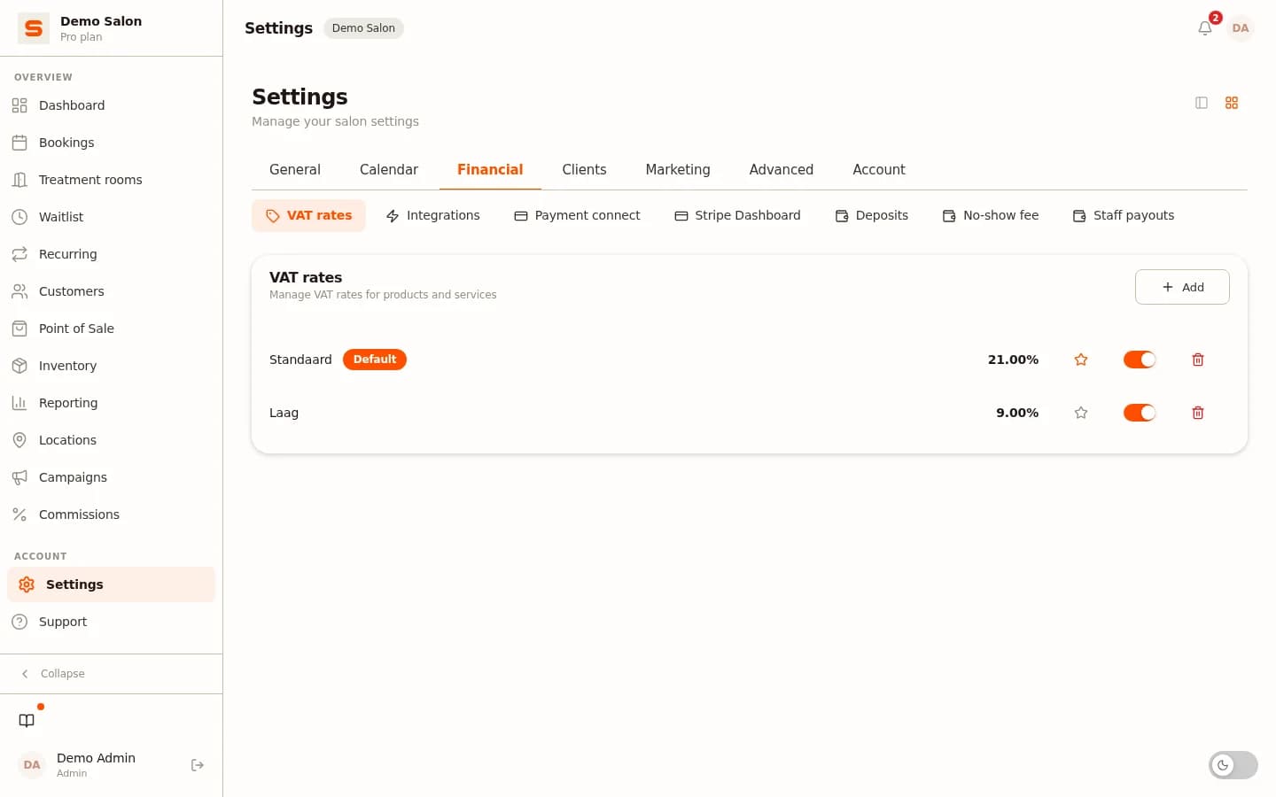 Set the VAT rate per treatment and product in Salonnare