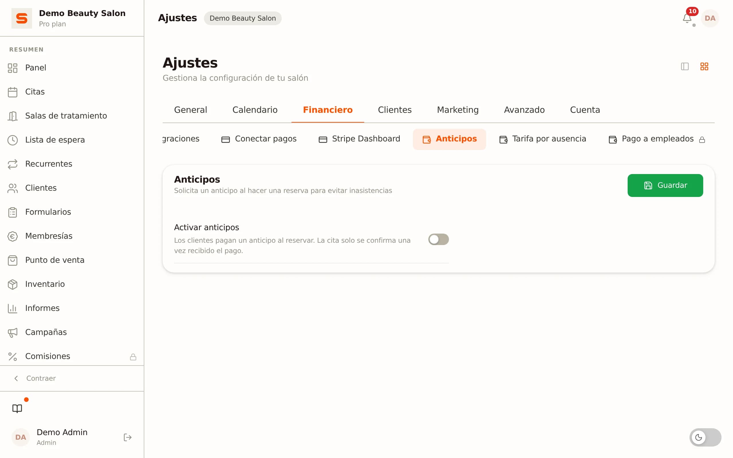 Configurar el anticipo por segmento de cliente en Salonnare
