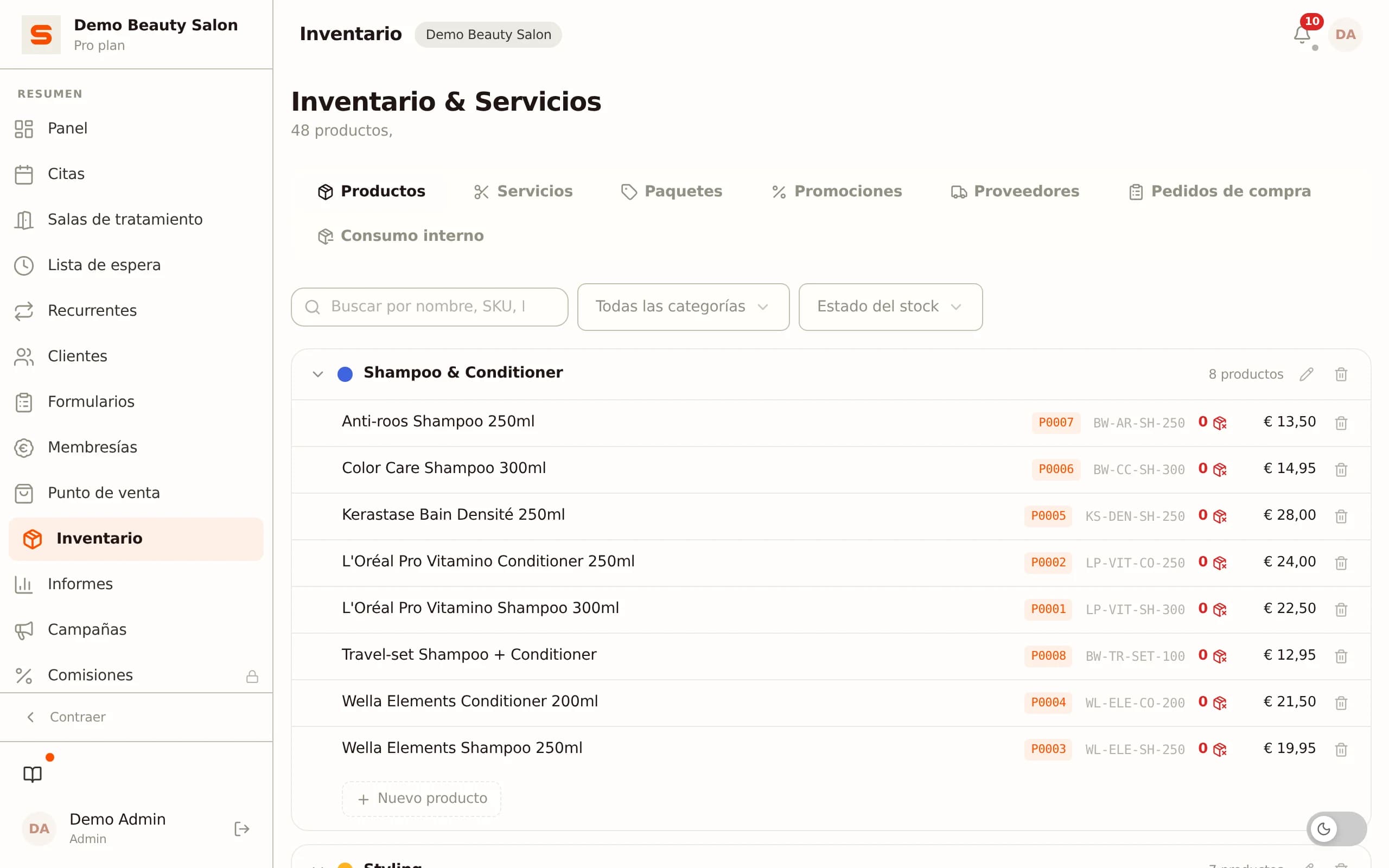 Gestión del inventario de productos del salón