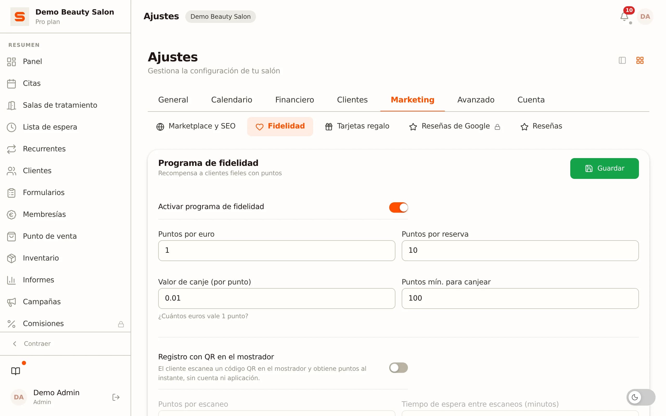 Configuración del programa de fidelización en Salonnare