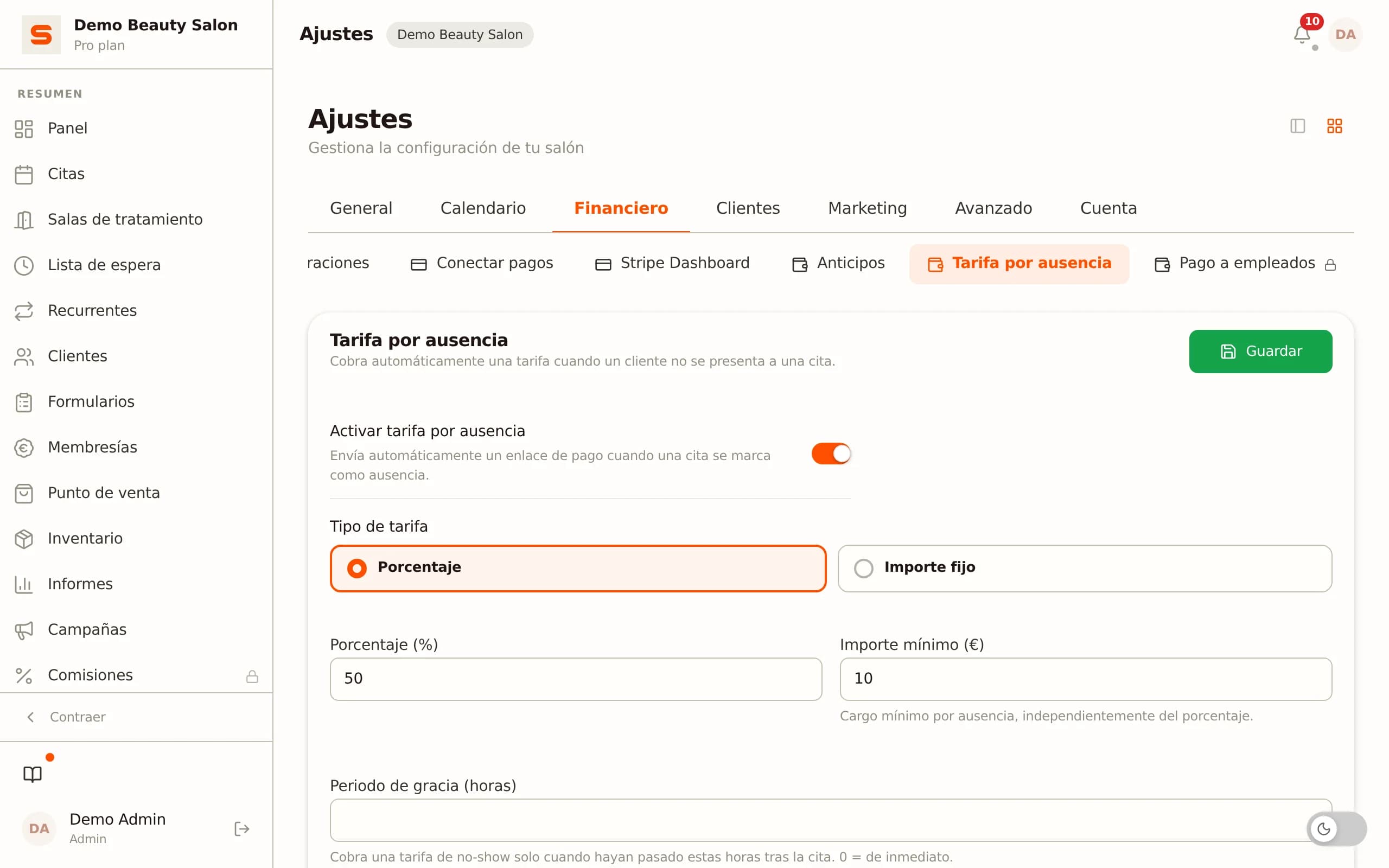 Configurar tarifas de no-show y depósitos en Salonnare