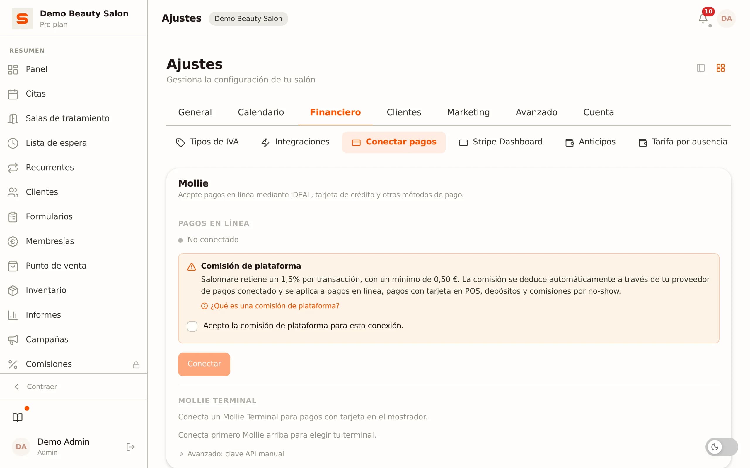 Conectar pagos en Salonnare