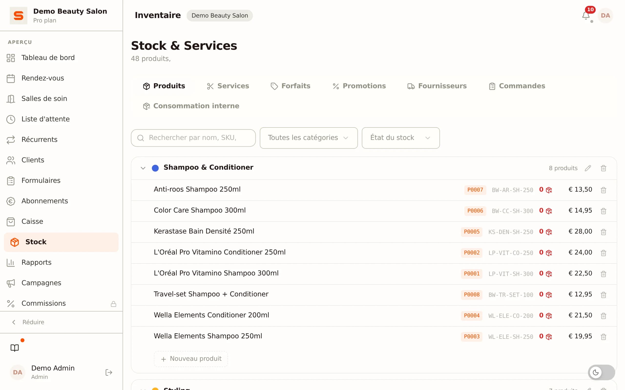 Gestion des stocks de produits du salon
