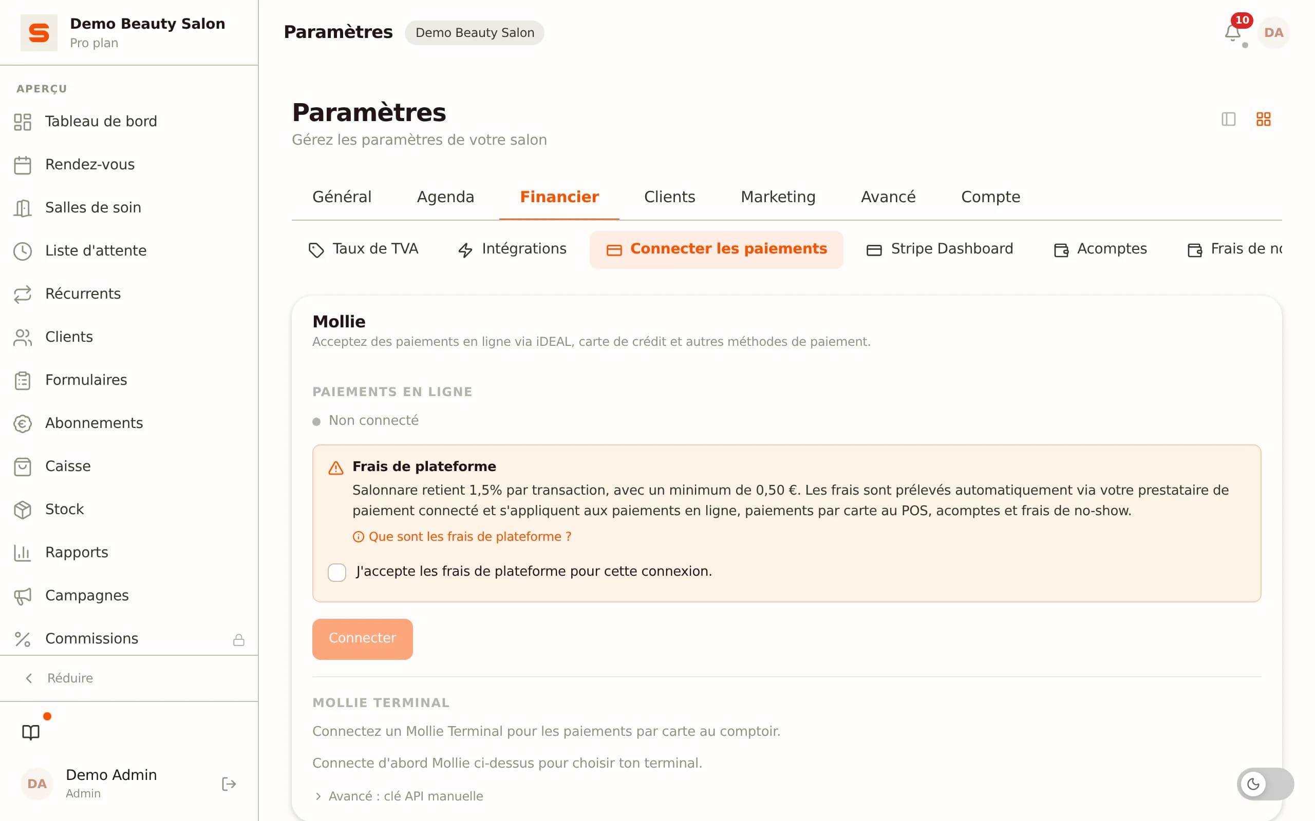 Connecter les paiements dans Salonnare