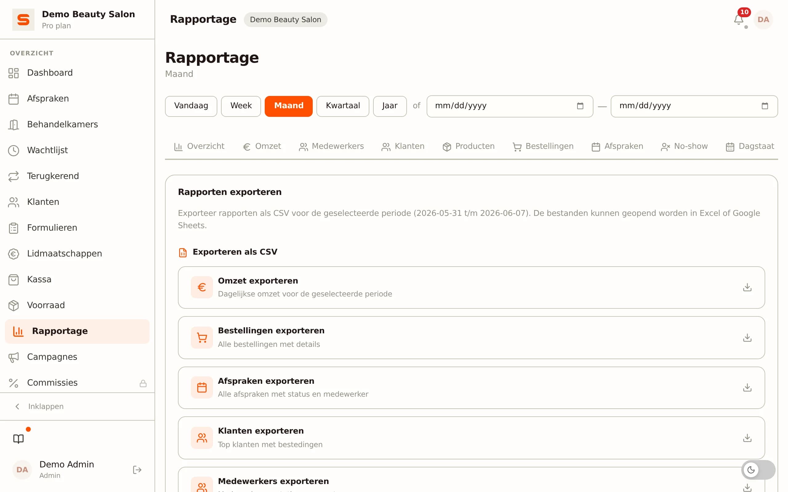 Rapportage en boekhoud-export in Salonnare