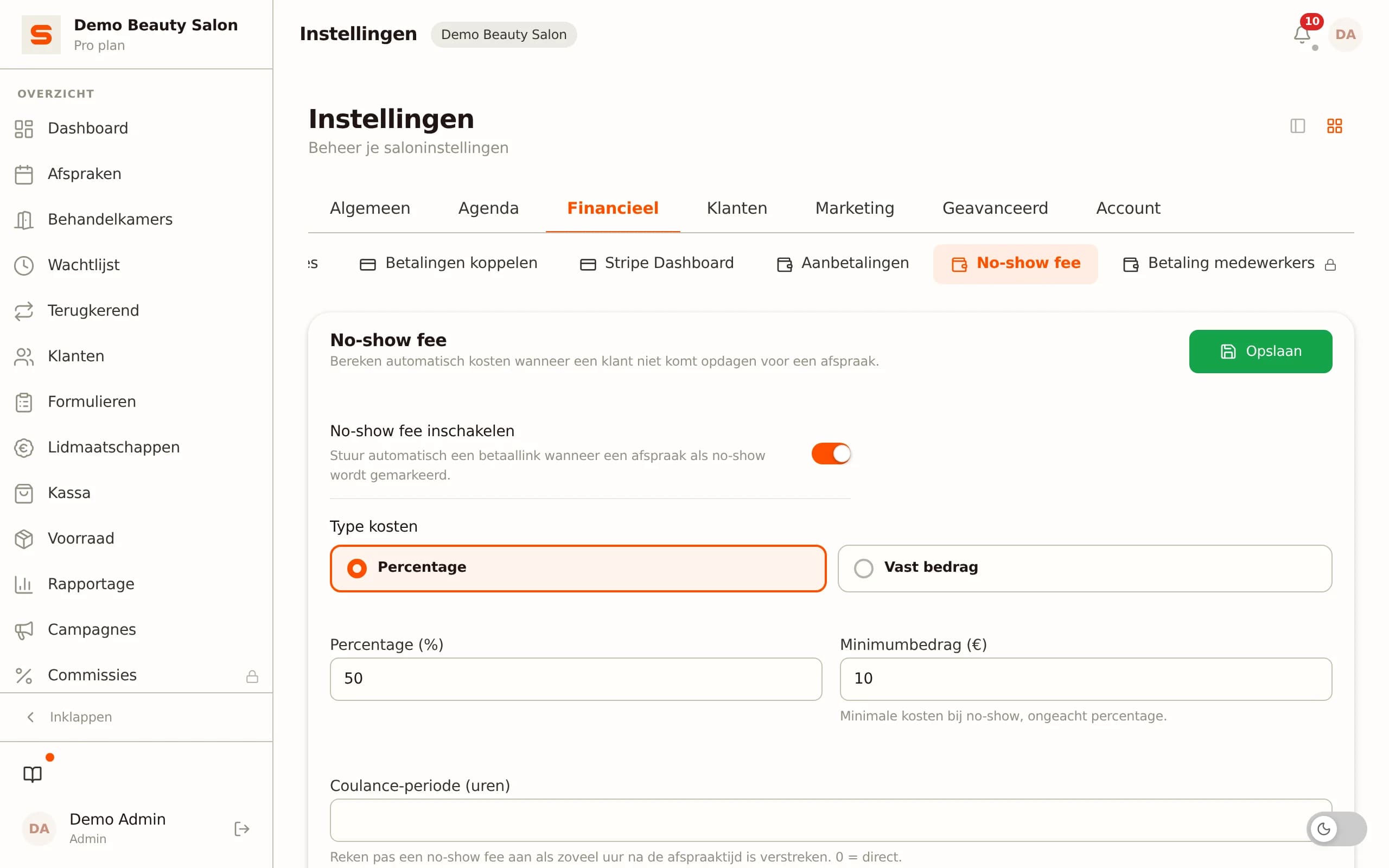 No-show vergoeding instellen per dienst in Salonnare