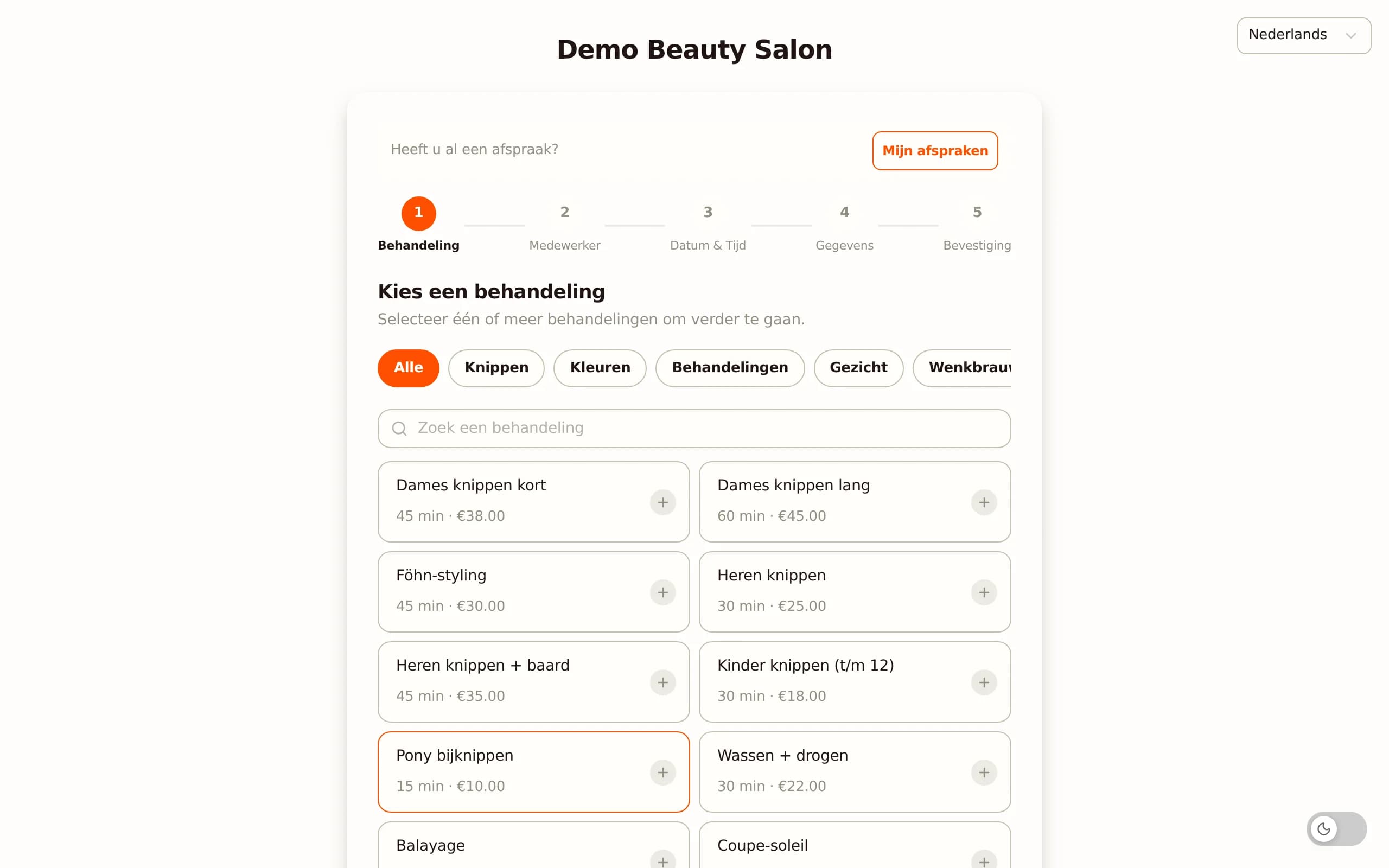 Online boekingspagina van Salonnare