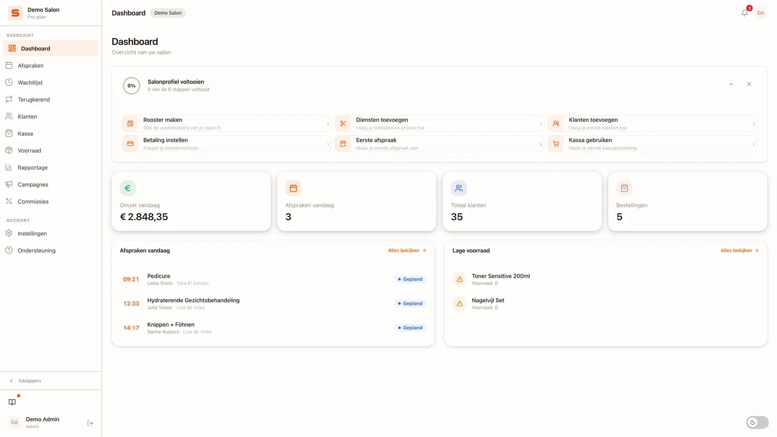 Das Salonnare-Dashboard mit Umsatz, Kalender und Tagesübersicht auf einen Blick