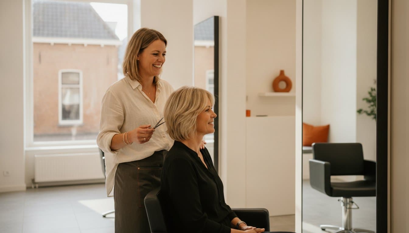 Hairdresser talking with a regular client at the reception desk of her salon