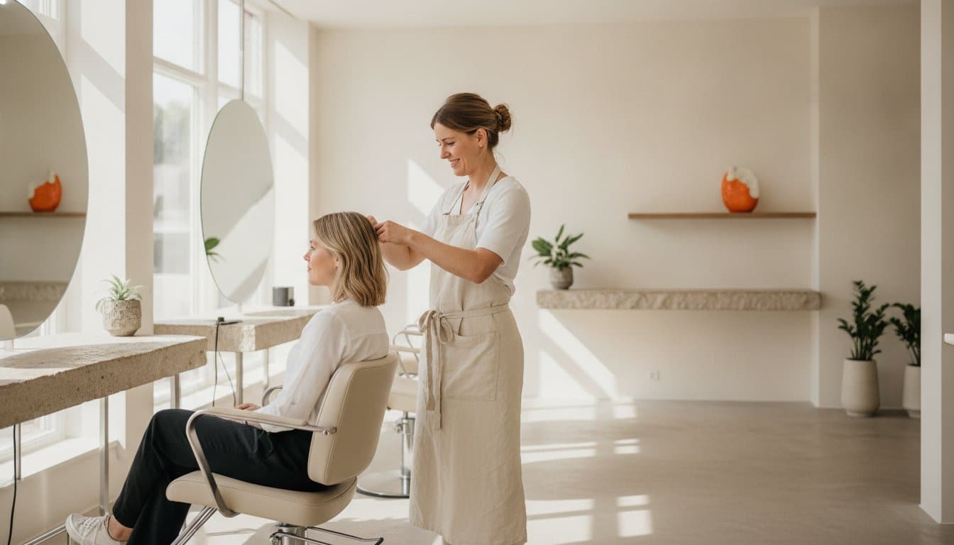 Kapper werkt in de salon met automatiseringssoftware op een tablet