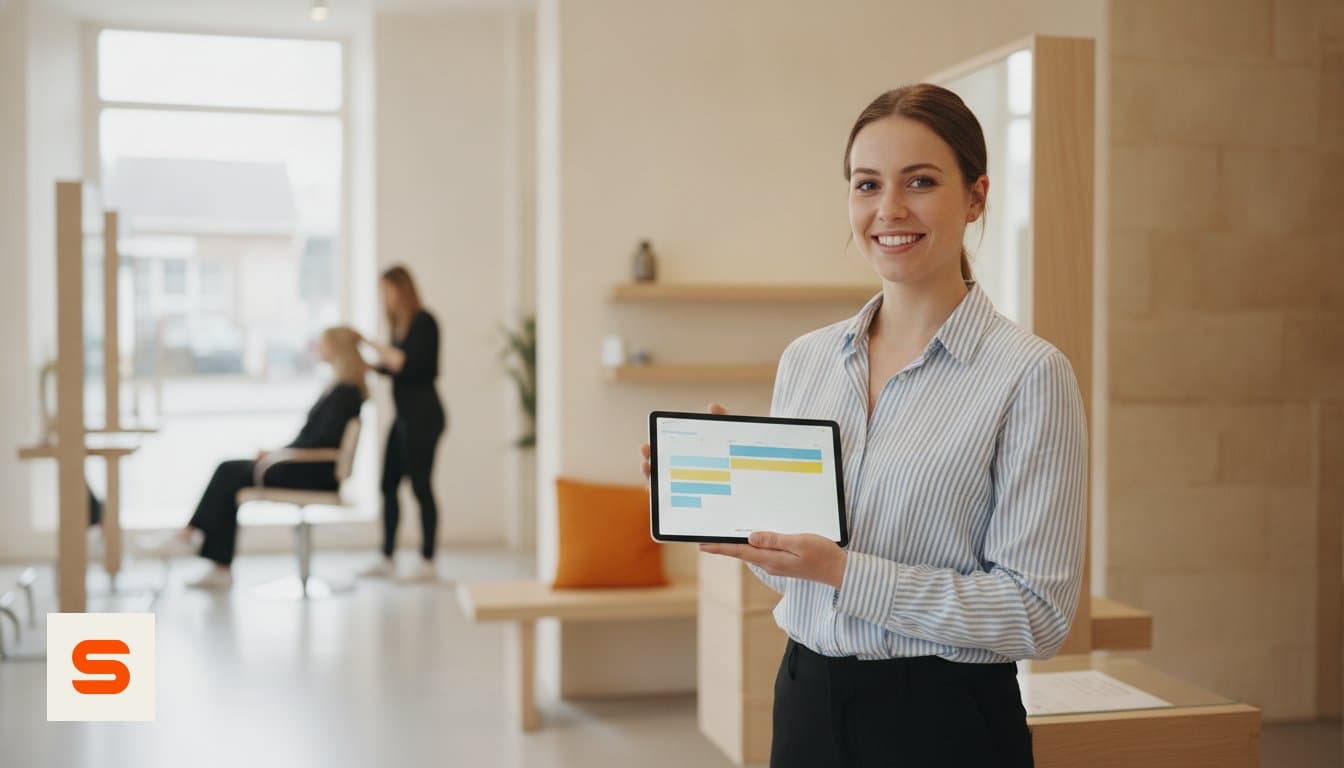 Nouvelle propriétaire de salon configurant l'agenda du salon sur un ordinateur portable