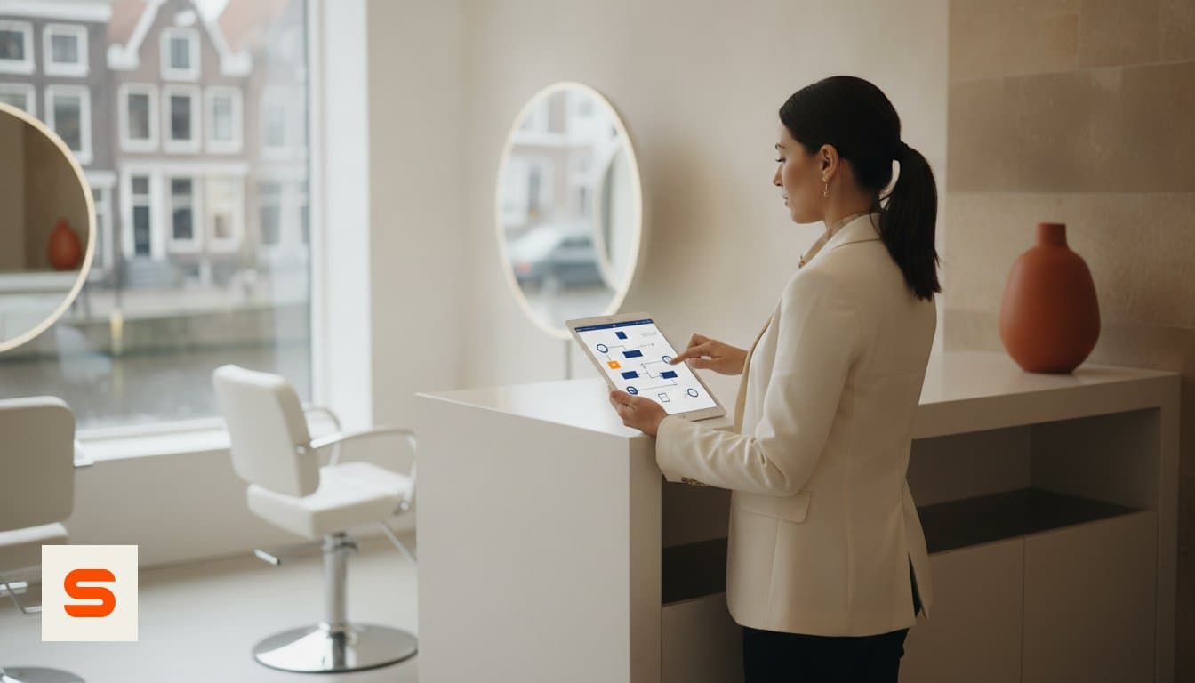 Salon owner checking the till on a tablet at the front desk