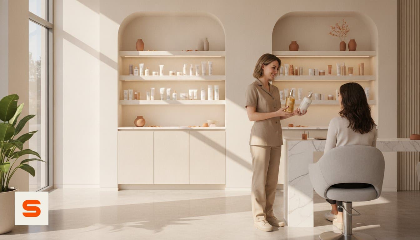 Beauty therapist showing a client two skincare products at the shelves in the salon