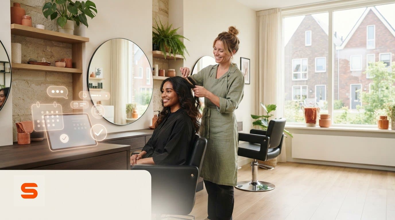 Kapster behandelt een klant in een lichte salon, met een digitale agenda ernaast