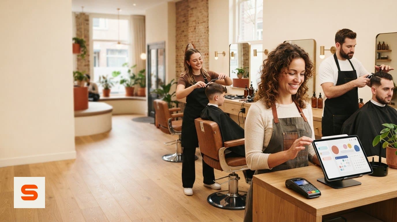 Barbershop with three barbers at work and a staff member at the till