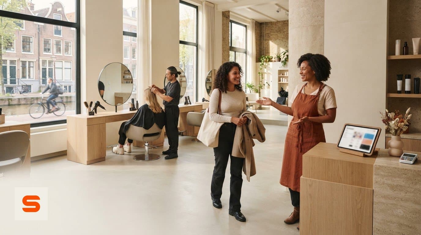 Salon de coiffure avec une coiffeuse au travail et une collaboratrice qui accueille une cliente entrée sans rendez-vous