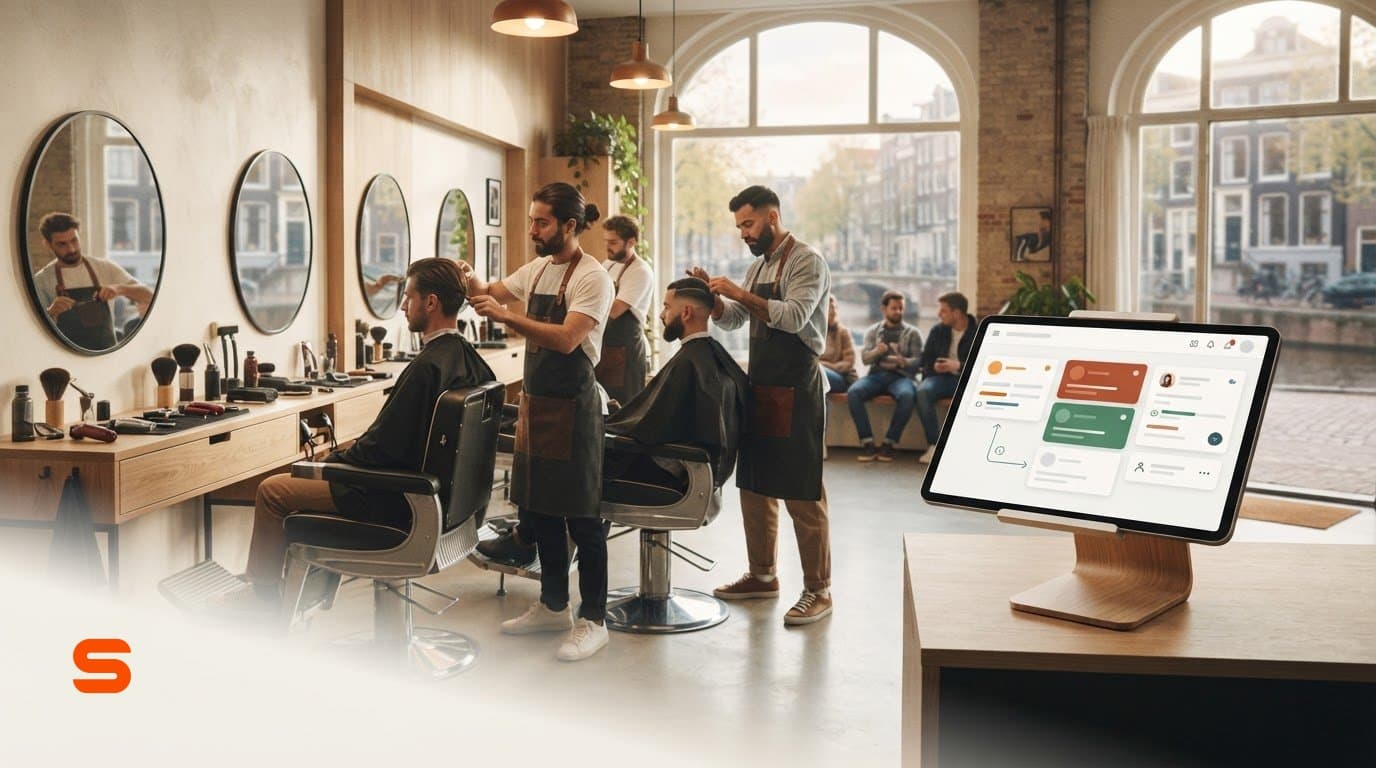 Barbershop with two barbers at work and clients waiting on the bench