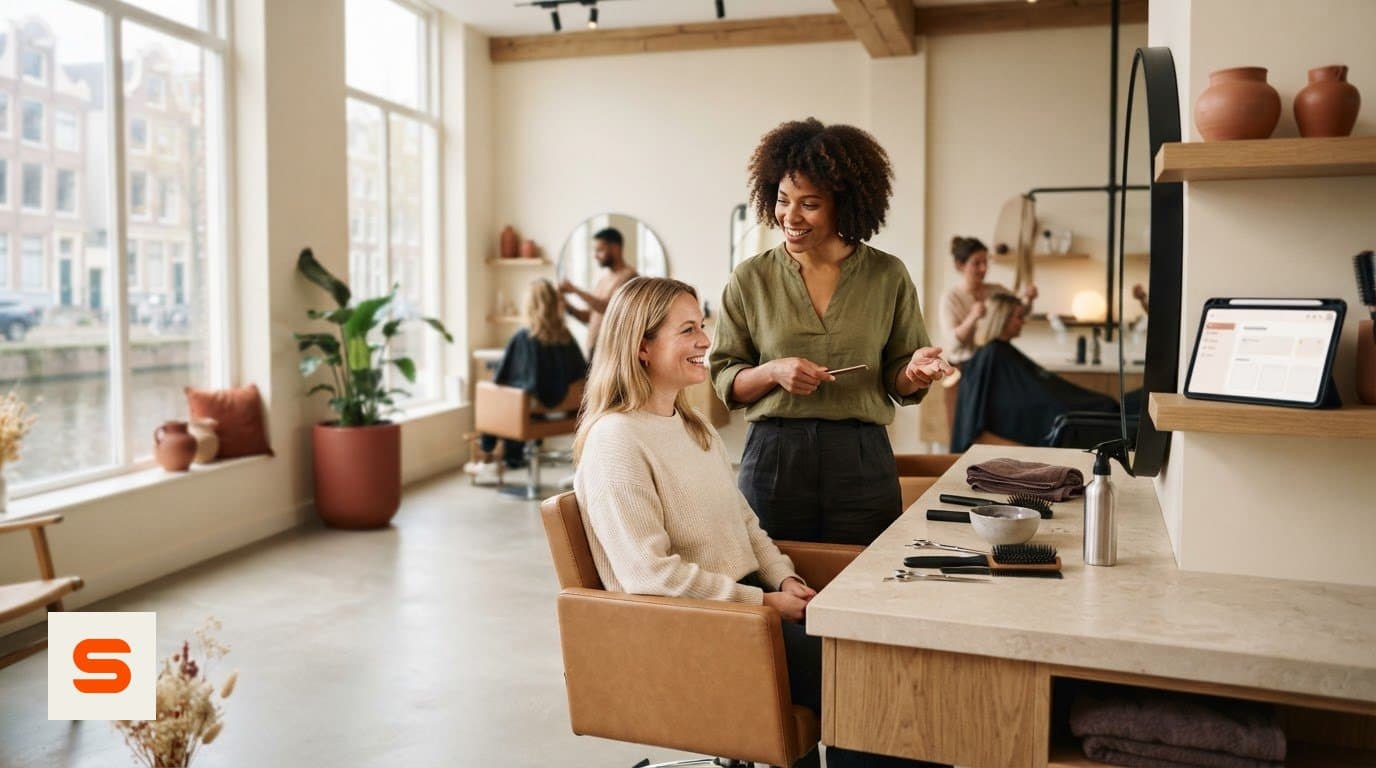 Friseurin bei der Arbeit in einem Salon mit vollem Terminkalender