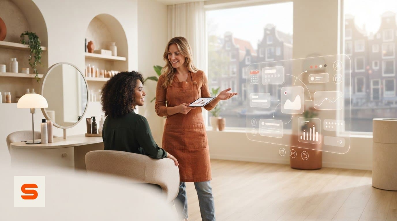 Stylist discussing automated client communication on a tablet with a client in a bright salon