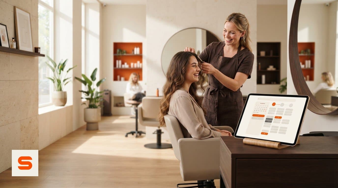Stylist helping a client while a tablet with the online calendar stands on the reception desk