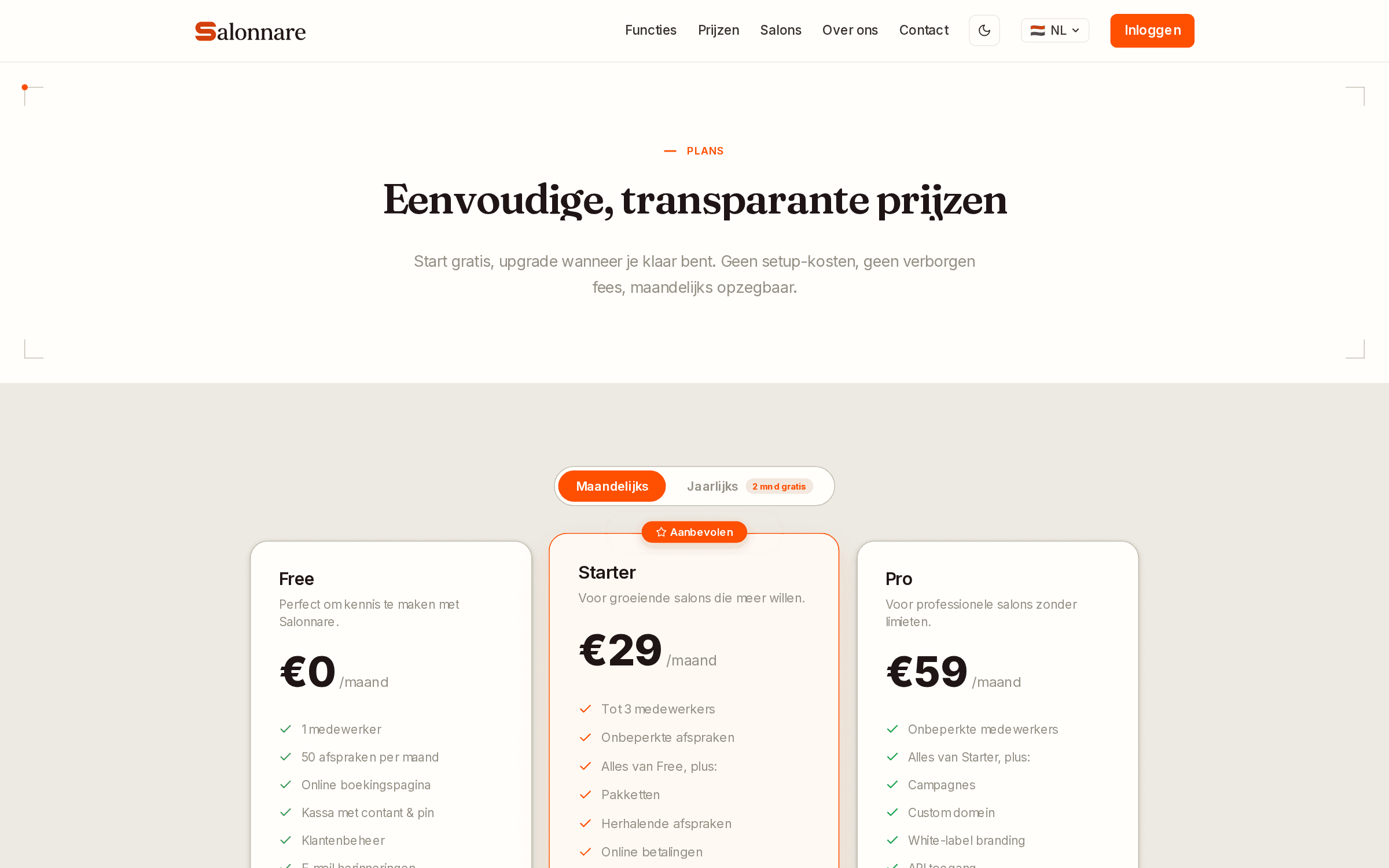 Überblick der Salonnare-Tarife Free, Starter und Pro mit fester Monatsgebühr