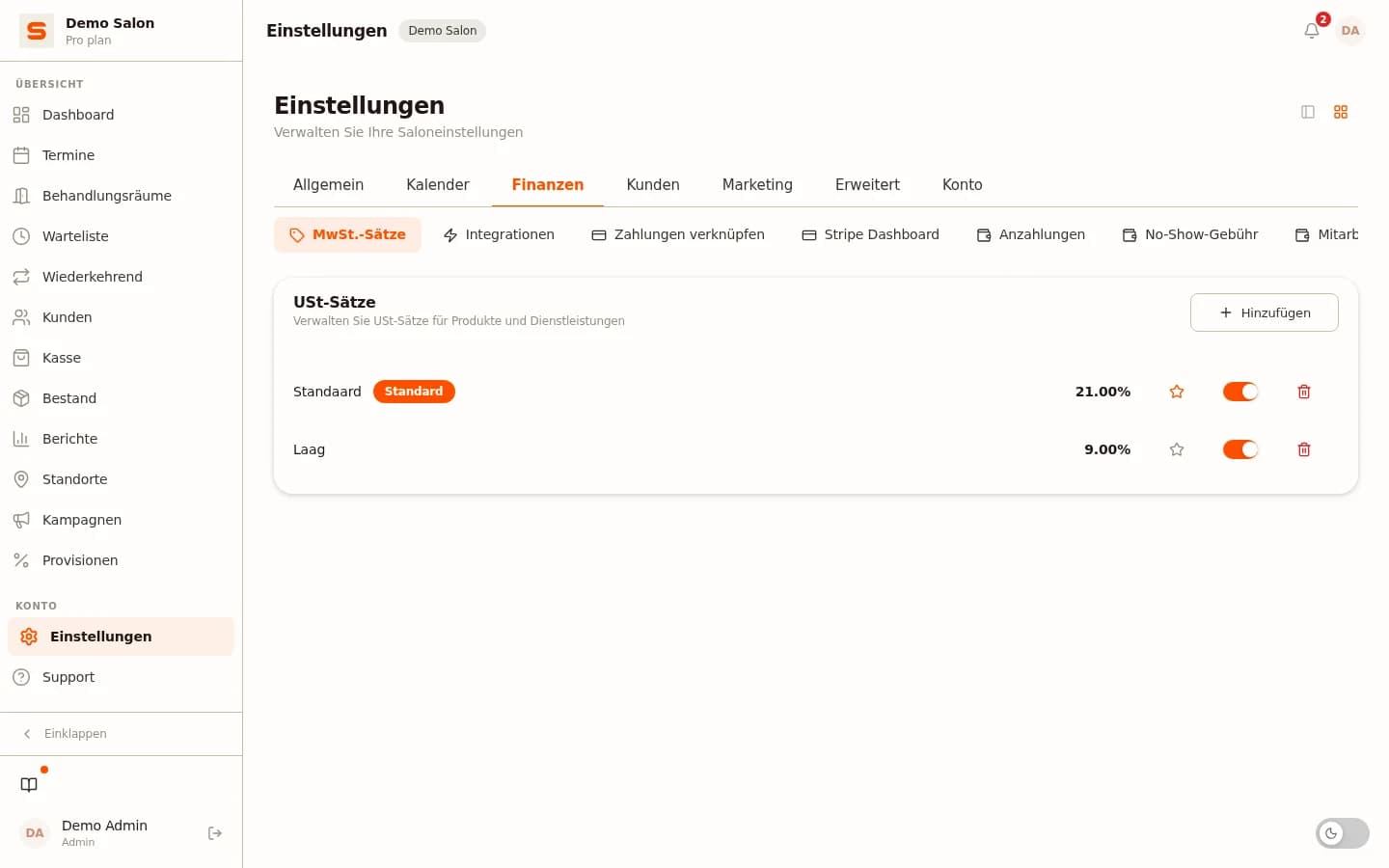 MwSt-Einstellungen und MwSt-Export in Salonnare
