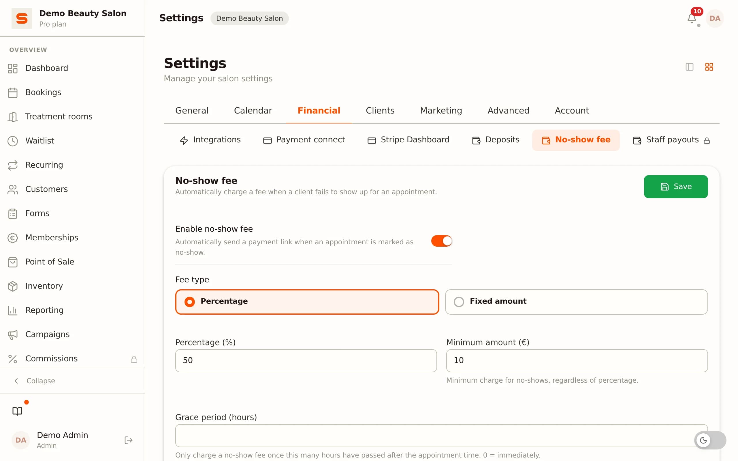 Setting up no-show fees and deposits in Salonnare