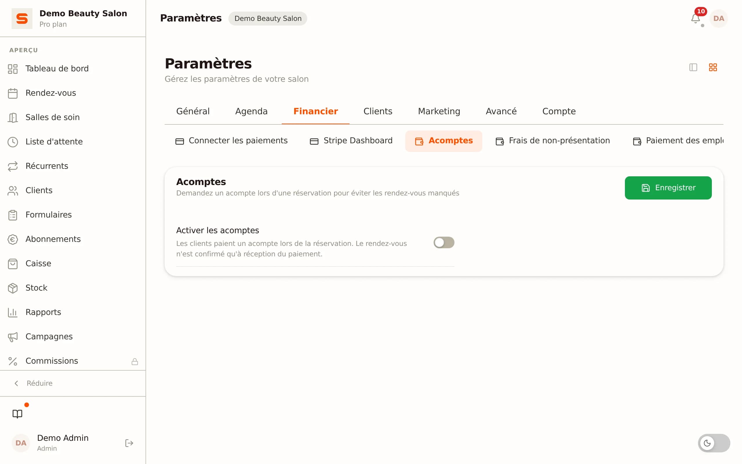 Configurer l'acompte par segment client dans Salonnare