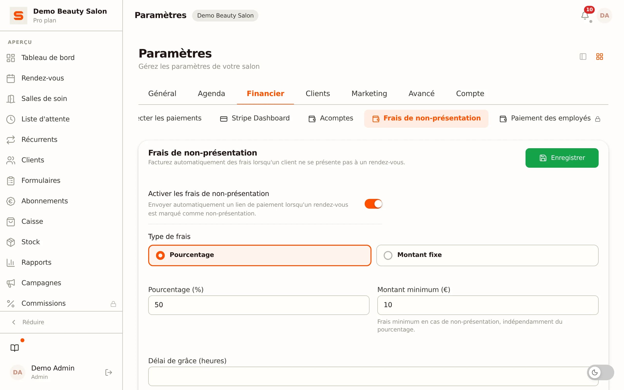 Configurer les frais de no-show et les acomptes dans Salonnare