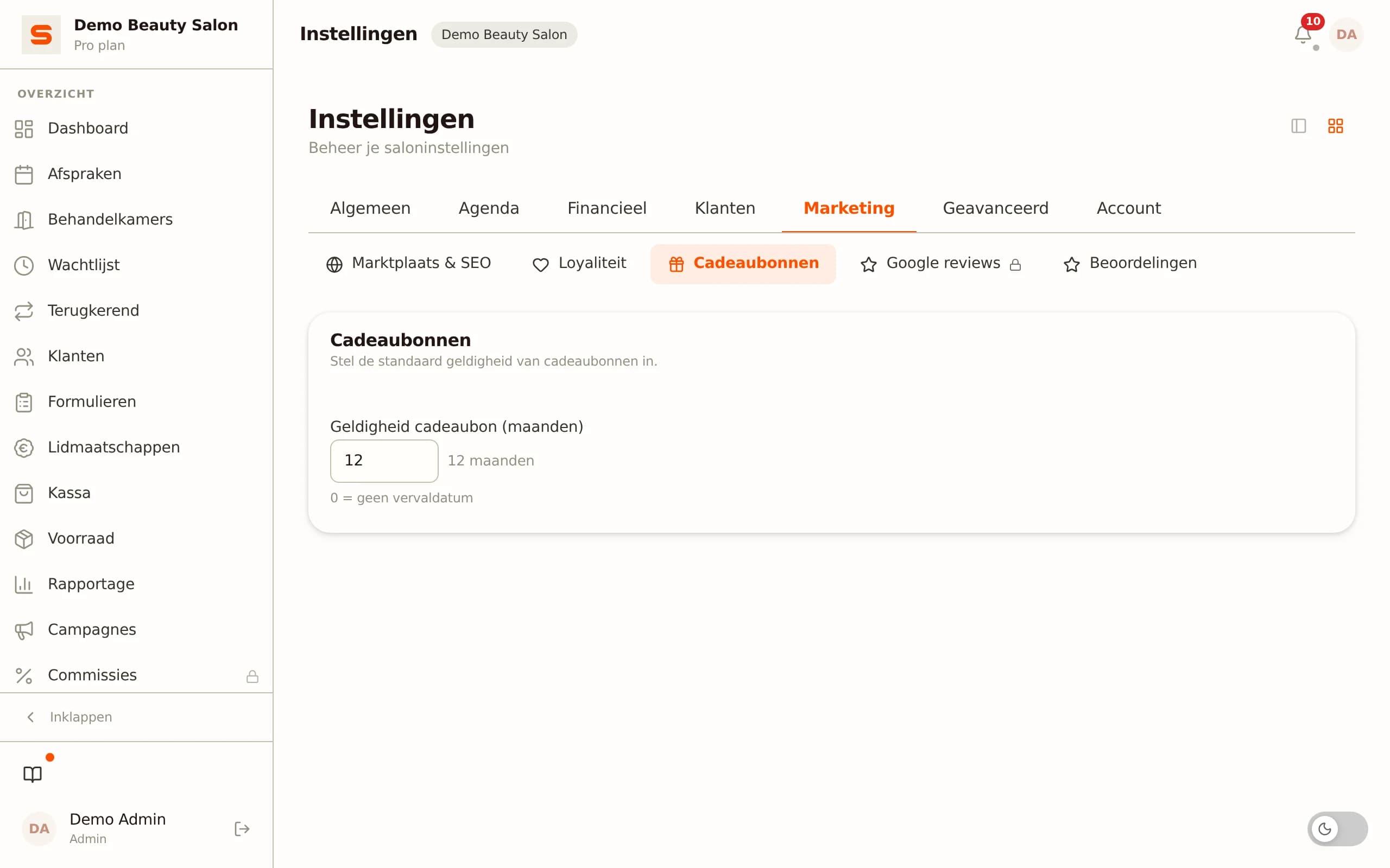 Cadeaubonnen instellen in Salonnare
