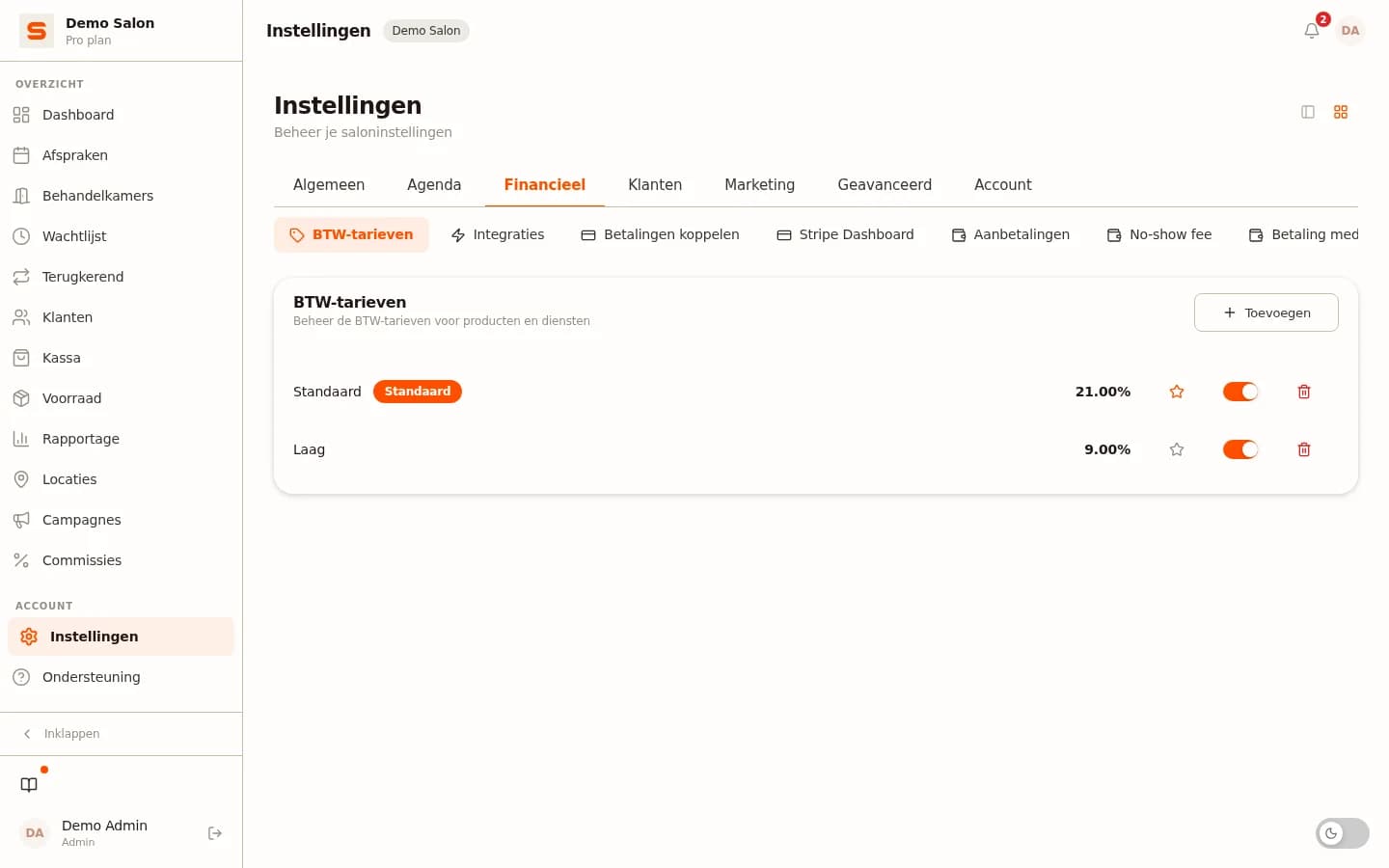 BTW-tarieven per behandeling en product instellen in Salonnare