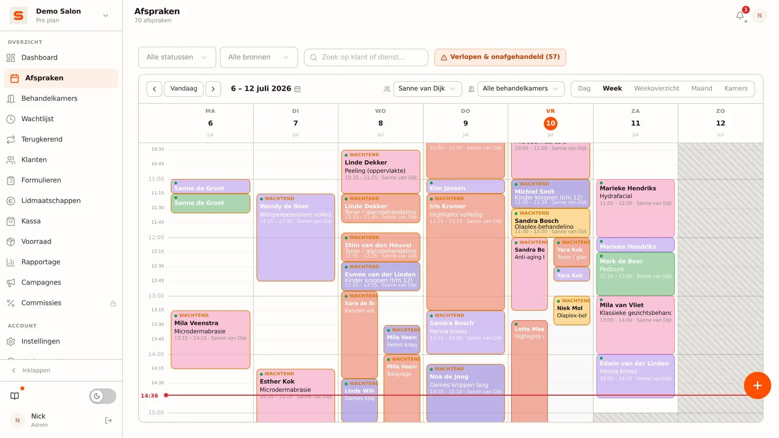 Der Salonnare-Wochenkalender mit Online-Terminen pro Mitarbeiter