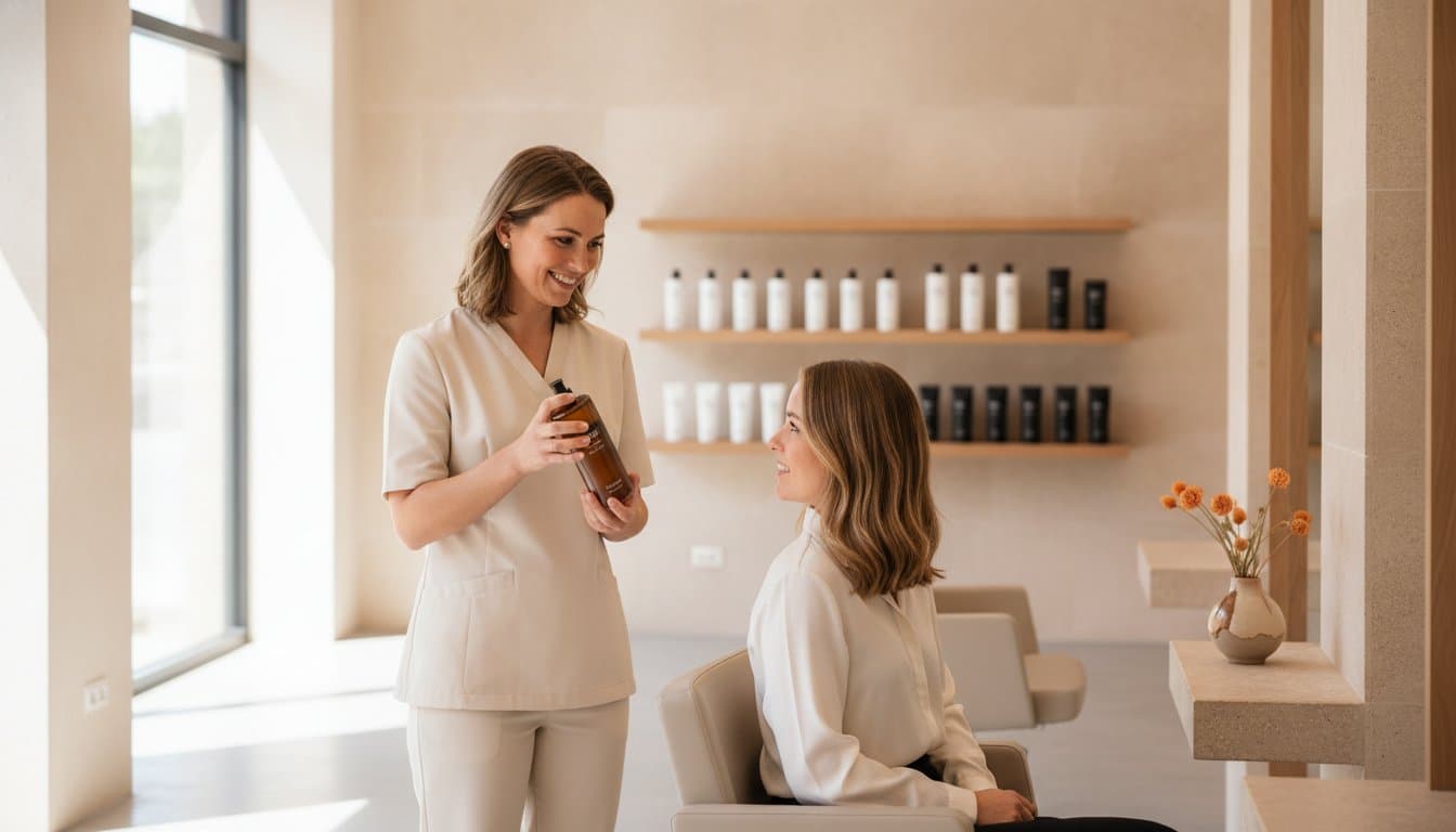 Esteticista asesorando a una clienta junto a los estantes de productos de su salón
