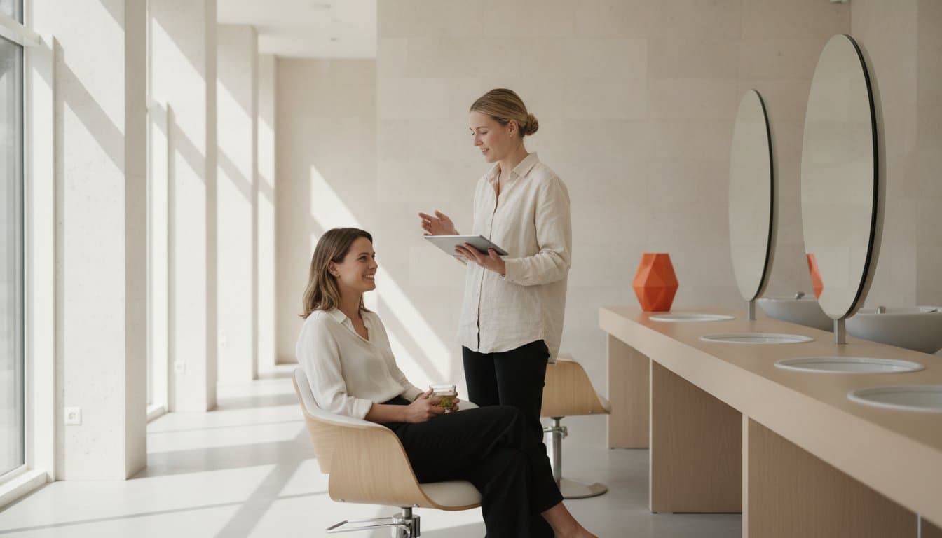Hairdresser updating a digital client record behind the salon reception desk