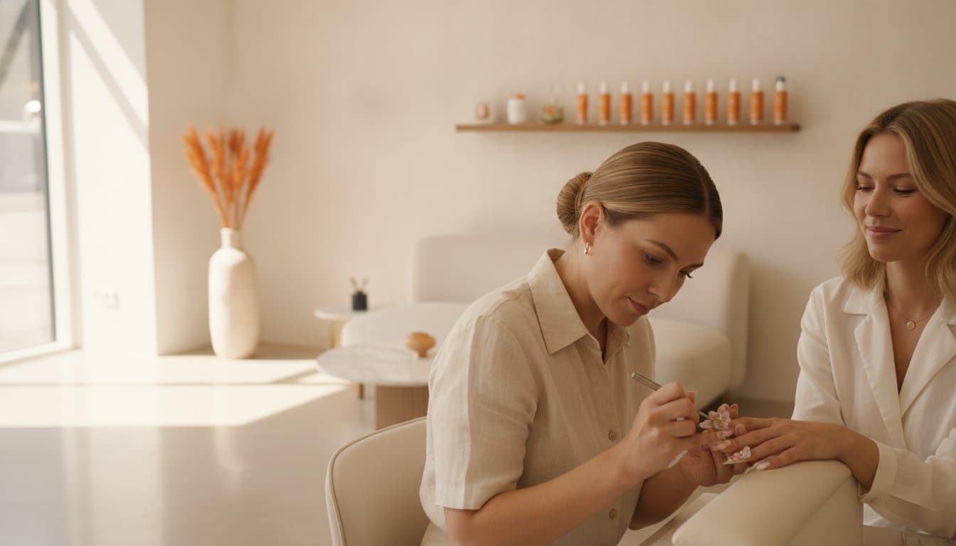 Manicurista trabajando en una manicura en su salón de uñas