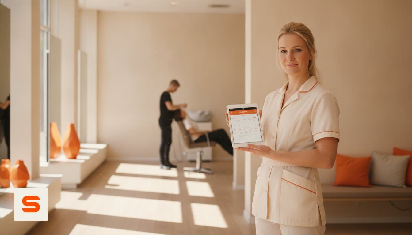 Friseurin plant einen Termin am Tablet im Salon