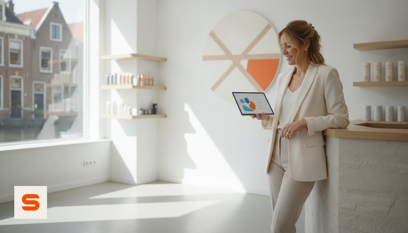 Hairdresser managing the salon's online calendar on a tablet between clients