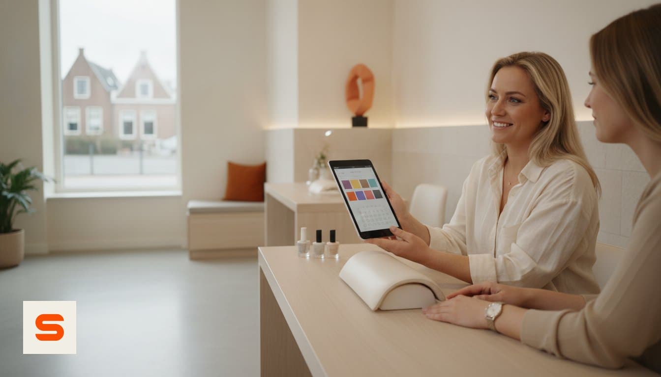 Nail technician using nail salon software on a tablet in the studio