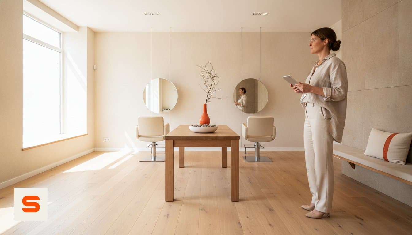 Salon owner working calmly at the desk with a clear digital calendar