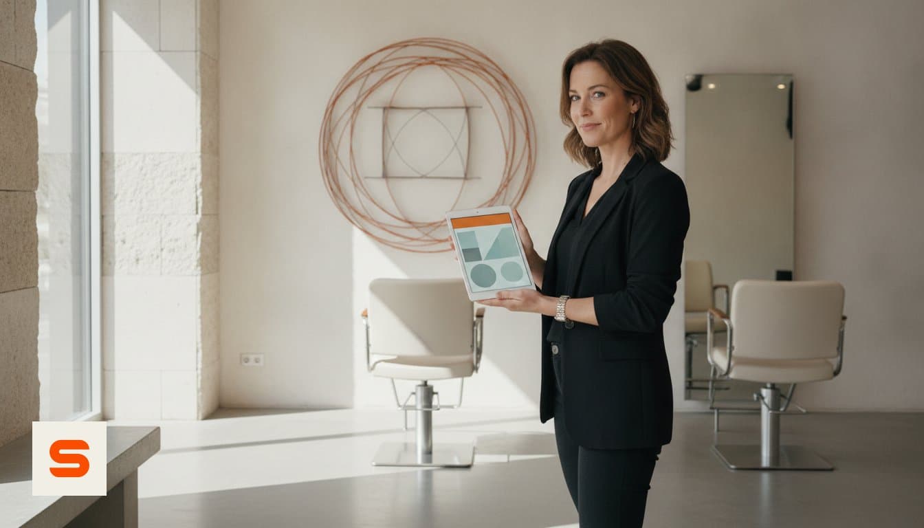Saloneigenaar met een tablet met boekingssoftware in een lichte kapsalon