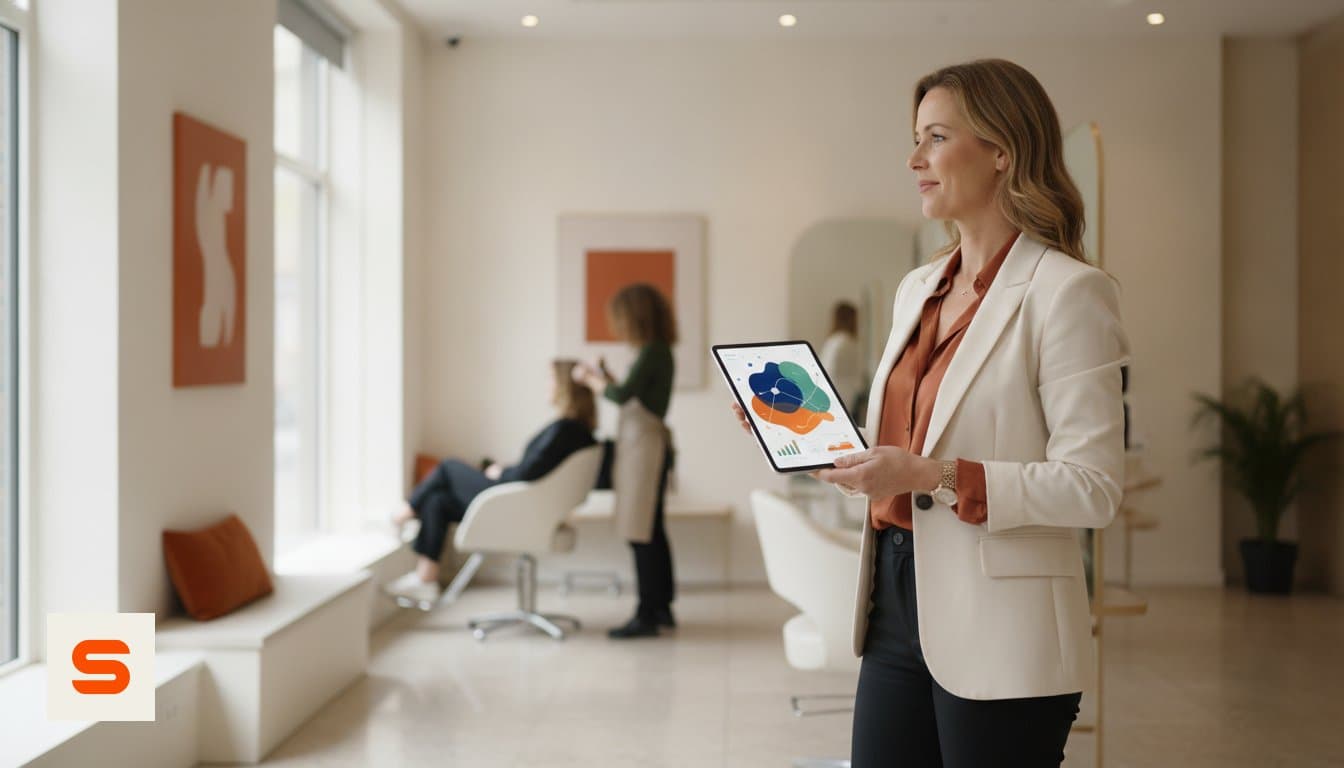 Salonbesitzerin prüft die Zahlen des Salons auf einem Tablet