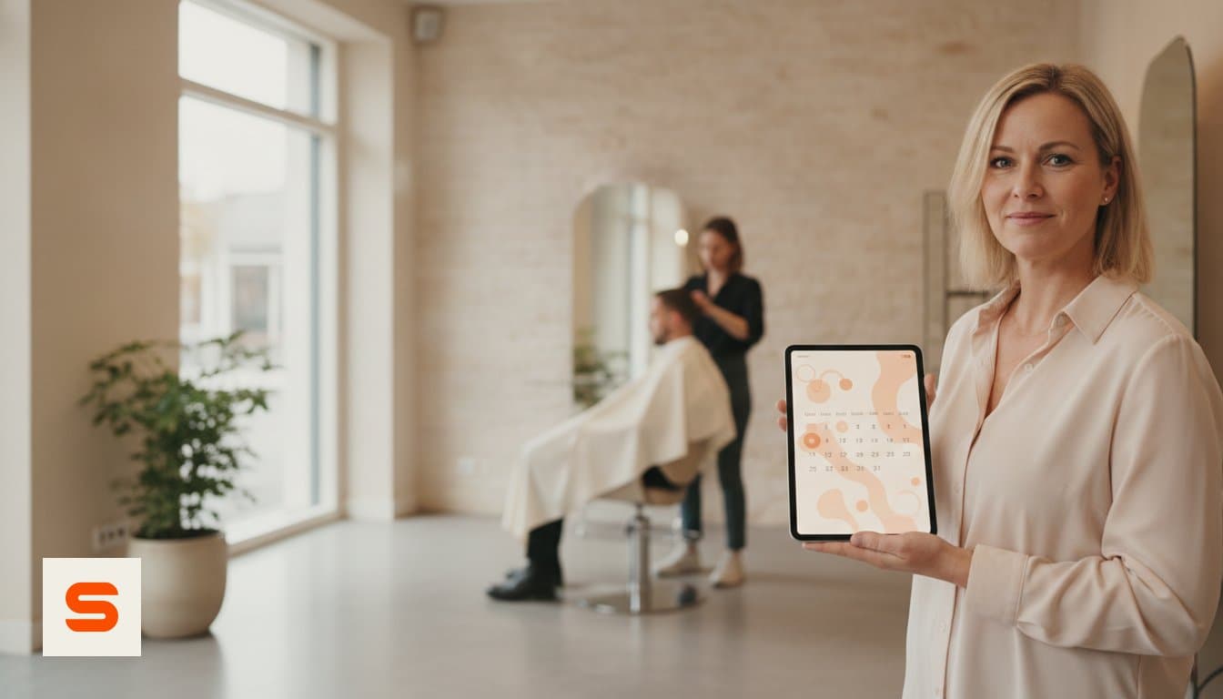 Salonmitarbeiterin plant Termine in einer Salon Automatisierung Software auf dem Tablet