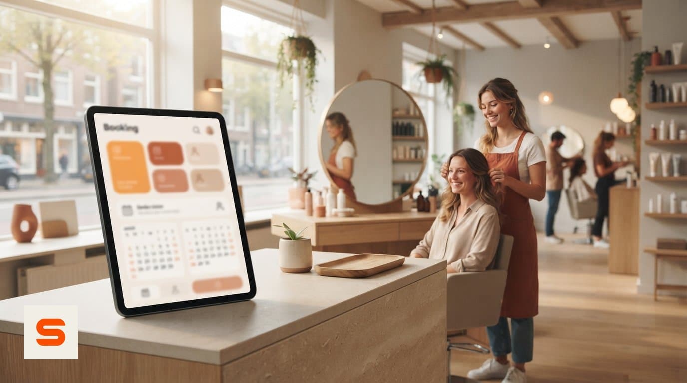 Friseursalon mit einem Tablet am Empfang, auf dem der Buchungsbildschirm geöffnet ist