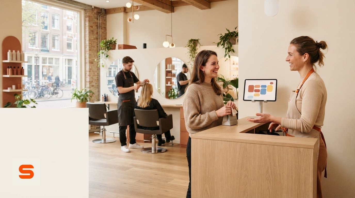 Kapsalon met een medewerker aan de balie die een klant te woord staat terwijl collega's knippen