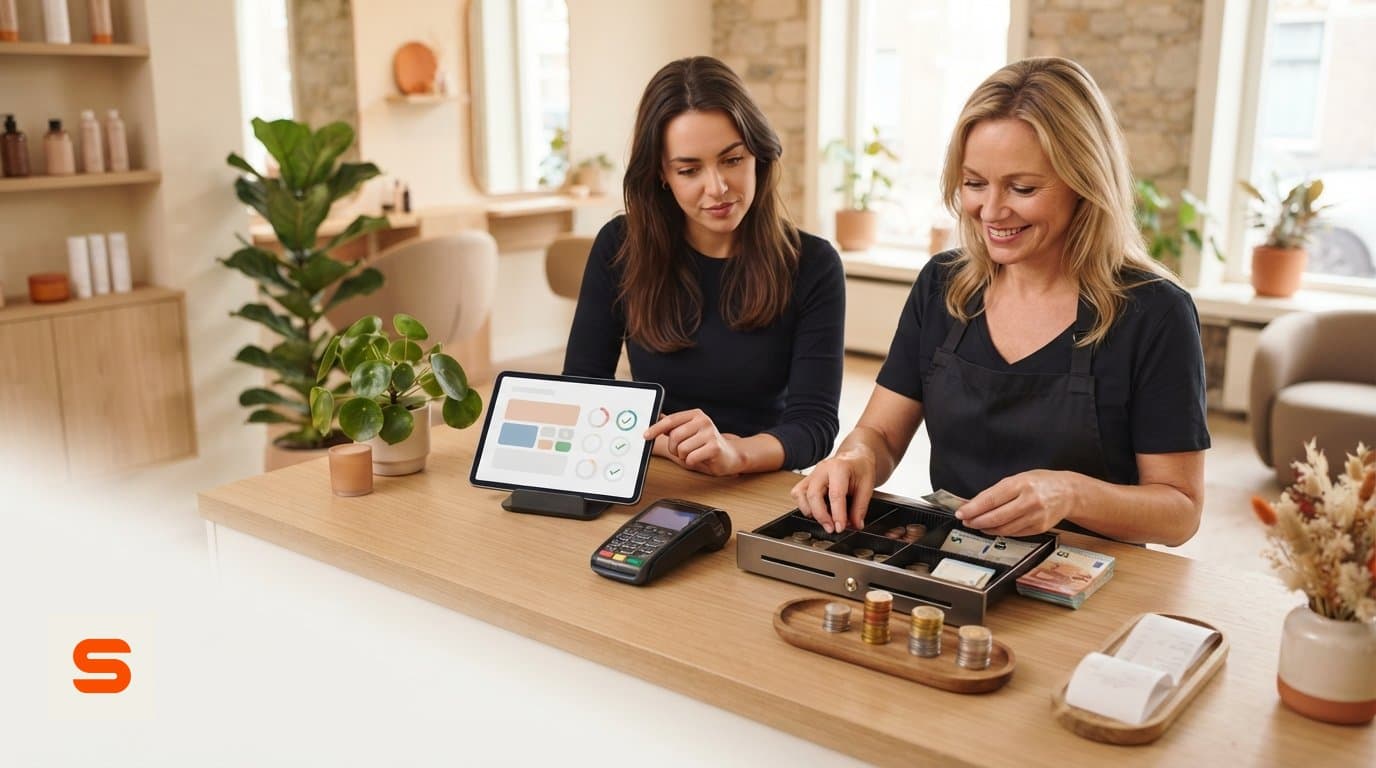 Two team members counting the cash drawer and checking the till on a tablet at the front desk